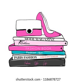 Vector fashion illustration. High heels shoes, bag, fashion magazines books. Hand drawn beautiful concept for girls. Fashionable illustration with stack of books, fashion magazines. Vogue Beauty style