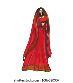 Vector Fashion illustration. Indian Girl in wedding dress