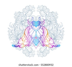 
Vector fashion illustration isolated. Printing T-shirts. Talisman butterfly, moth. Ethnic design, fashion chic, tribal symbol, soul. Tattoo, style, beauty, fly, bohemian, 60s, amulet, totem, trip
