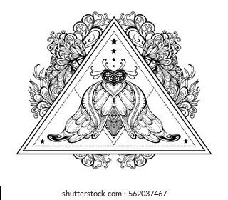 Vector fashion illustration isolated. Printing T-shirts. Talisman butterfly, moth. Ethnic design, fashion chic, tribal symbol, soul. Tattoo, style, beauty, bohemian, amulet, mascot, totem, coloring
