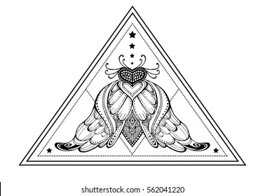 Vector fashion illustration isolated. Printing T-shirts. Talisman butterfly, moth. Ethnic design, tribal symbol, soul. triangle Tattoo, beauty, bohemian, amulet, mascot, totem, coloring