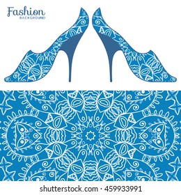 Vector fashion illustration, ladies lace shoes and seamless fabric pattern with repeating floral geometric texture. Hand drawn isolated elements for scrapbook, invitations or cards design.
