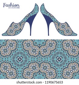 Vector fashion illustration. Ladies shoes and colorful seamless pattern for textile fabric, paper print, invitation or business card design. Summer collection, isolated elements