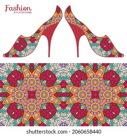 Vector fashion illustration. Ladies shoes and colorful seamless pattern for textile fabric, paper print, invitation or business card design. Summer collection, isolated elements