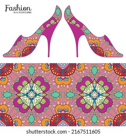 Vector fashion illustration. Ladies shoes and colorful seamless pattern for textile fabric, paper print, invitation or business card design. Summer collection, isolated elements