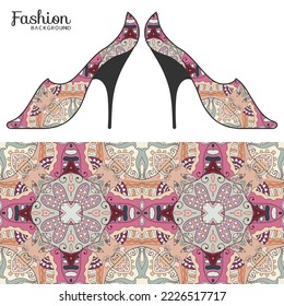 Vector fashion illustration. Ladies shoes and colorful seamless pattern for textile fabric, paper print, invitation or business card design. Summer collection, isolated elements