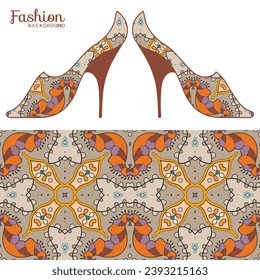 Vector fashion illustration. Ladies shoes and colorful seamless pattern for textile fabric, paper print, invitation or business card design. Summer collection, isolated elements