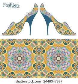 Vector fashion illustration. Ladies shoes and colorful seamless pattern for textile fabric, paper print, invitation or business card design. Summer collection, isolated elements