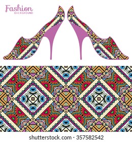 Vector fashion illustration, ladies shoes, hand drawn seamless floral geometric pattern, elements for invitation card design, repeating fabric texture