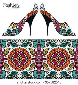 Vector fashion illustration, ladies shoes, hand drawn seamless floral geometric pattern, elements for invitation card design, repeating fabric texture