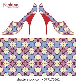 Vector fashion illustration, ladies shoes and seamless fabric pattern with repeating floral geometric texture. Hand drawn isolated elements for scrapbook, invitations or cards design.
