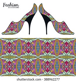 Vector fashion illustration, ladies shoes and seamless fabric pattern with repeating floral geometric texture. Hand drawn isolated elements for scrapbook, invitations or cards design.