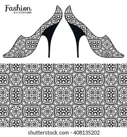 Vector fashion illustration, ladies shoes and seamless fabric pattern with repeating floral geometric texture. Hand drawn isolated elements for scrapbook, invitations or cards design.