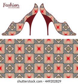 Vector fashion illustration, ladies shoes and seamless fabric pattern with repeating floral geometric texture. Hand drawn isolated elements for scrapbook, invitations or cards design.