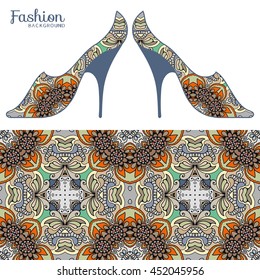 Vector fashion illustration, ladies shoes and seamless fabric pattern with repeating floral geometric texture. Hand drawn isolated elements for scrapbook, invitations or cards design.