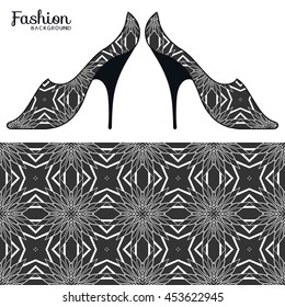 Vector fashion illustration, ladies shoes and seamless fabric pattern with repeating floral geometric texture. Hand drawn isolated elements for scrapbook, invitations or cards design. Black and white