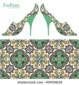 Vector fashion illustration, ladies shoes and seamless fabric pattern with repeating floral geometric texture. Hand drawn isolated elements for scrapbook, invitations or cards design.