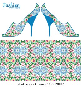 Vector fashion illustration, ladies shoes and seamless fabric pattern with repeating floral geometric texture. Hand drawn isolated elements for scrapbook, invitations or cards design.