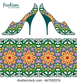 Vector fashion illustration, ladies shoes and seamless fabric pattern with repeating floral geometric texture. Hand drawn isolated elements for scrapbook, invitations or cards design.