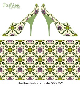 Vector fashion illustration, ladies shoes and seamless fabric pattern with repeating floral geometric texture. Hand drawn isolated elements for scrapbook, invitations or cards design.