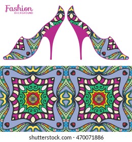 Vector fashion illustration, ladies shoes and seamless fabric pattern with repeating floral geometric texture. Hand drawn isolated elements for scrapbook, invitations or cards design.