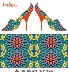 Vector fashion illustration, ladies shoes and seamless fabric pattern with repeating floral geometric texture. Hand drawn isolated elements for scrapbook, invitations or cards design.