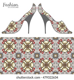 Vector fashion illustration, ladies shoes and seamless fabric pattern with repeating floral geometric texture. Hand drawn isolated elements for scrapbook, invitations or cards design.