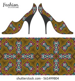 Vector fashion illustration, ladies shoes and seamless fabric pattern with repeating floral geometric texture. Hand drawn isolated elements for scrapbook, invitations or cards design.