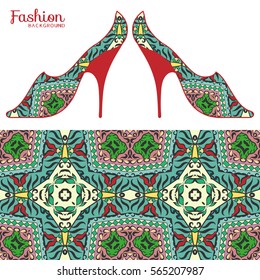 Vector fashion illustration, ladies shoes and seamless fabric pattern with repeating floral geometric texture. Hand drawn isolated elements for scrapbook, invitations or cards design.
