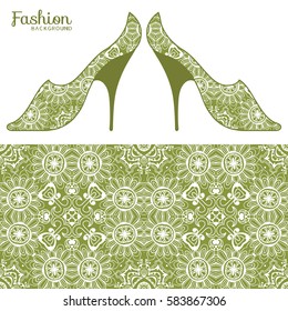 Vector fashion illustration, ladies shoes and seamless fabric pattern with repeating floral geometric texture. Hand drawn isolated elements for scrapbook, invitations or cards design.