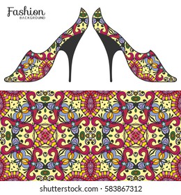 Vector fashion illustration, ladies shoes and seamless fabric pattern with repeating floral geometric texture. Hand drawn isolated elements for scrapbook, invitations or cards design.