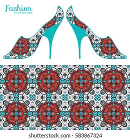 Vector fashion illustration, ladies shoes and seamless fabric pattern with repeating floral geometric texture. Hand drawn isolated elements for scrapbook, invitations or cards design.