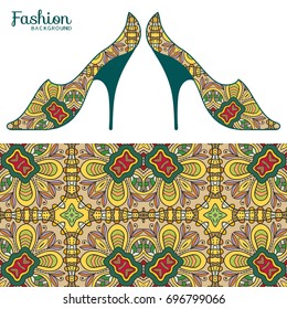 Vector fashion illustration, ladies shoes and doodle seamless pattern, repeating floral geometric texture. Hand drawn isolated elements for textile fabric, paper print, invitation or card design