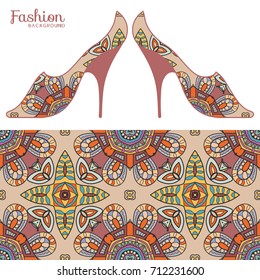 Vector fashion illustration, ladies shoes and doodle seamless pattern, repeating floral geometric texture. Hand drawn isolated elements for textile fabric, paper print, invitation or card design