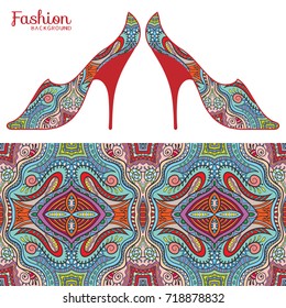 Vector fashion illustration, ladies shoes and doodle seamless pattern, repeating floral geometric texture. Hand drawn isolated elements for textile fabric, paper print, invitation or card design