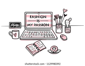 Vector fashion illustration. Laptop, morning coffee, cactus, planner, breakfast. Hand drawn beautiful Desktop concept for girls. Stylish Workplace