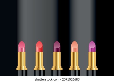 Vector fashion illustration with lipstick icons isolated on a dark background. Beauty vector illustration good for fashion magazine, journal, article. Make up element. Banner for salon or online store