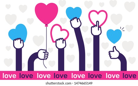 Vector fashion illustration of many human hand holding heart on white background with word line. Flat style romantic design for holiday web, site, valentine day banner, greeting card
