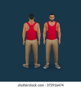 vector fashion illustration of men wearing pants, sneakers and singlet (front and back view) 