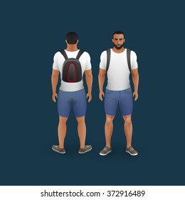 vector fashion illustration of men wearing shorts, trainers and t-shirt (front and back view) 