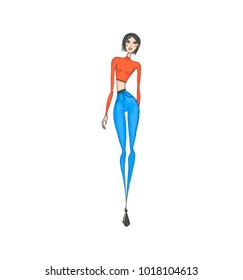 Vector fashion illustration. Model in orange top and jeans trousers
