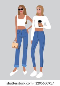 Vector fashion illustration of modern blond pretty women with coffee bag. Best friends. Spring summer collection. Flat graphic