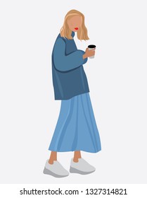 Vector fashion illustration of modern blond pretty woman in long skirt and oversized sweatshirt holding coffee cup. Spring summer morning collection. Flat graphic