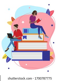 Vector fashion illustration of modern   girl reading a book in her hands. Smart student. Exam. Flat graphic