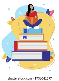 Vector fashion illustration of modern   girl reading a book in her hands. Smart student. Exam. Flat graphic