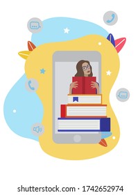 Vector fashion illustration of modern   girl reading a book in her hands vie mobile. Smart student. Exam. Ebook library. Technology. Ebook. Flat graphic