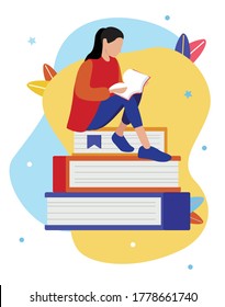 Vector fashion illustration of modern   girl reading a book in her hands. Smart student. Exam. Flat graphic. Book set