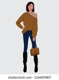 Vector fashion illustration of modern pretty trendy girl in sweatshirt and jeans. Fall winter  collection. Flat graphic