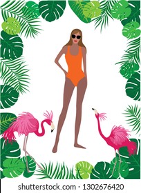 Vector fashion illustration of modern pretty trendy girl in red bikini on background with tropical palm leaves and pink flamingo. Summer holiday collection. Flat graphic