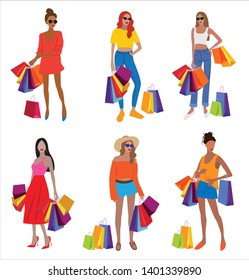 Vector fashion illustration of modern pretty trendy girls holding colorful paper bags. Shopping. Sale. Flat graphic